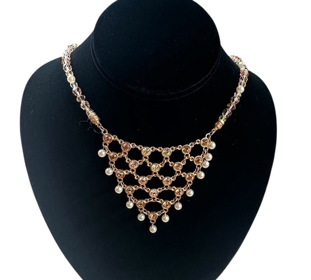 Vintage Swarovski Crystal Faux Pearl Bib Necklace Signed Statement Bridal